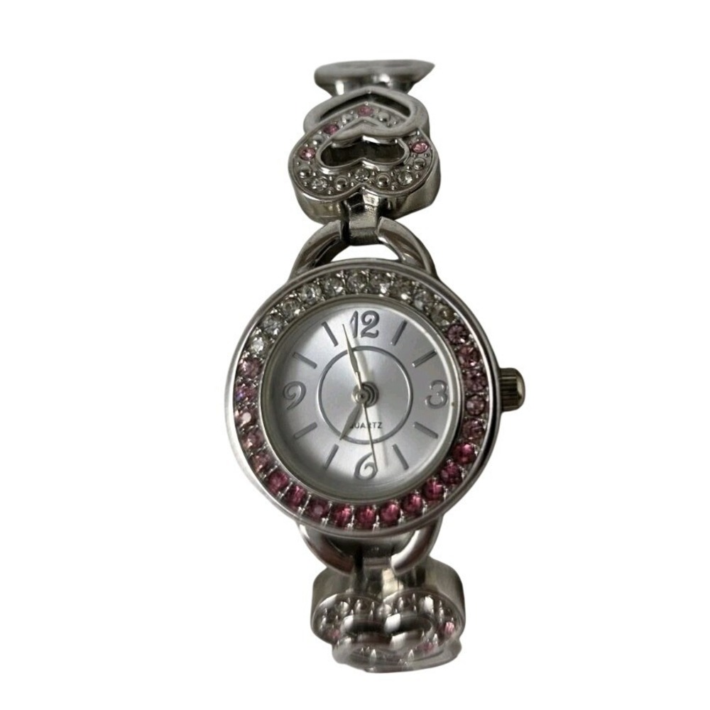 Silver Tone Heart Link Bracelet Watch Pink Crystal Bezel Quartz Womens